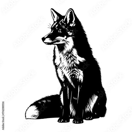 Black fox sitting alertly white