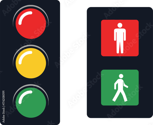 Vehicular and Pedestrian Traffic Signal Illustration – Red, Yellow, Green Light with “Walk/Don’t Walk” Indicators for Road Safety and Urban Design Assets