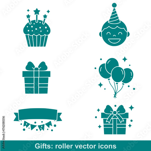 mint vector set : Colorful birthday celebration icons with gifts, balloons, and a cupcake  