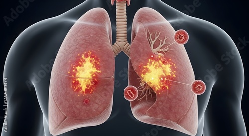 Lung Cancer Cell Medical Illustration showing Tumor Growth and Infection