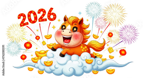 Vibrant cartoon horse celebrating the 2026 Chinese New Year, with festive fireworks, traditional lanterns, and golden ingots, symbolizing prosperity and good fortune