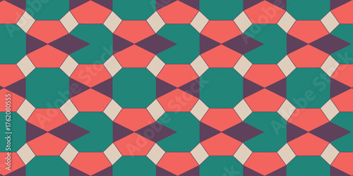 Repeating pattern of teal and orange octagons with purple and beige diamond shapes in a tiled design