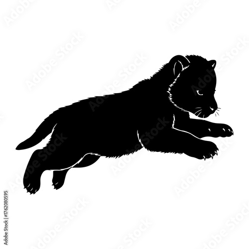 Black panther cub leaping jumping silhouette
