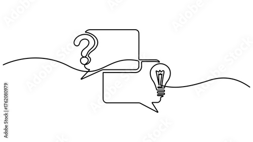 Hand drawn one line vector. Quick tips. Continuous one line drawing of question mark, light bulb and speech bubbles. Vector illustration isolated on white. Editable outline