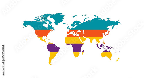 world map with colorful stripes representing global regions a geographic representation ideal for educational materials  international business