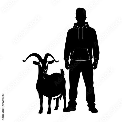 Black silhouette of a goat and a man animal person