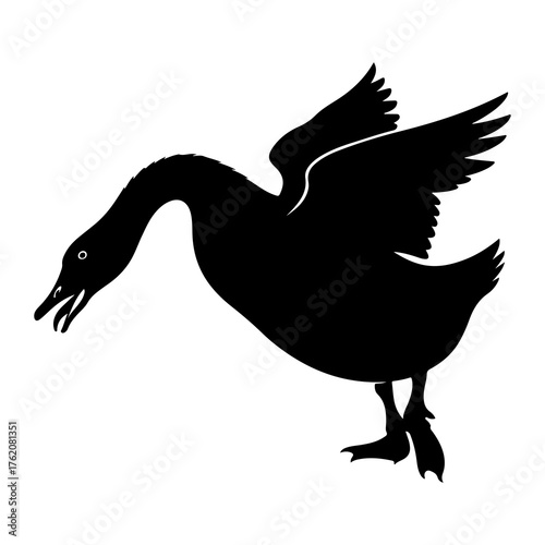 Black silhouette of a goose in flight white bird