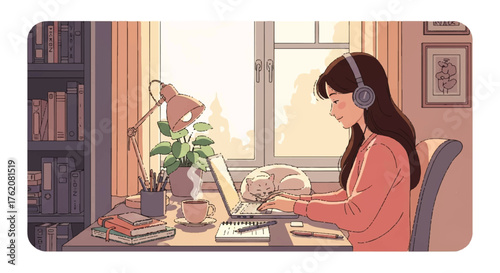 Illustration of a young woman working remotely in a cozy home office, listening to music with her cat sleeping on the desk by the sunlit window