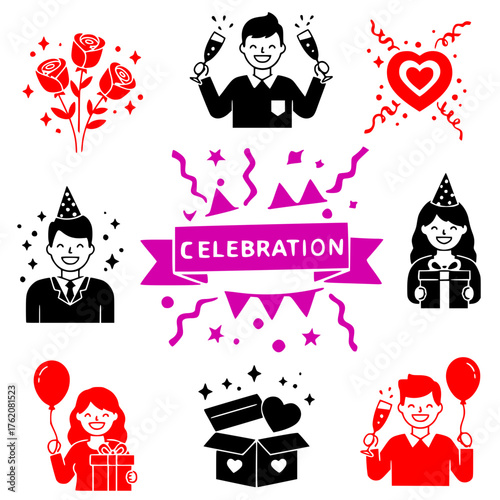 Mini set of red and black vector icons for the celebration: Celebration icons with people, gifts, and festive elements  