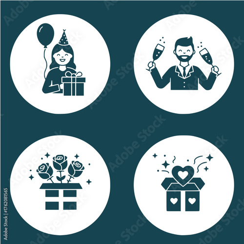 Through the telescope: Celebration vector icons featuring gifts, flowers, and joyful people  