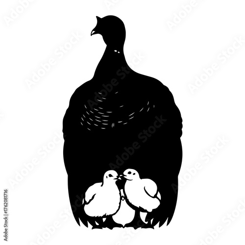 Black silhouette of mother bird and chicks white