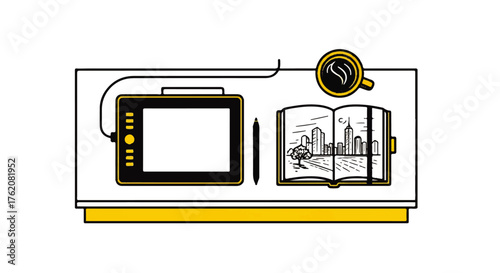 A Digital Drawing Tablet and Sketchbook Open to a Cityscape Illustration, alongside a Cup of Coffee on a Desk