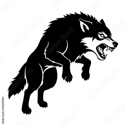 Black wolf snarling mid leap aggressive leaping