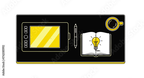 Digital designer's productive home office desk with graphic tablet, stylus, coffee, and an inspiring idea book, symbolizing creativity and innovation