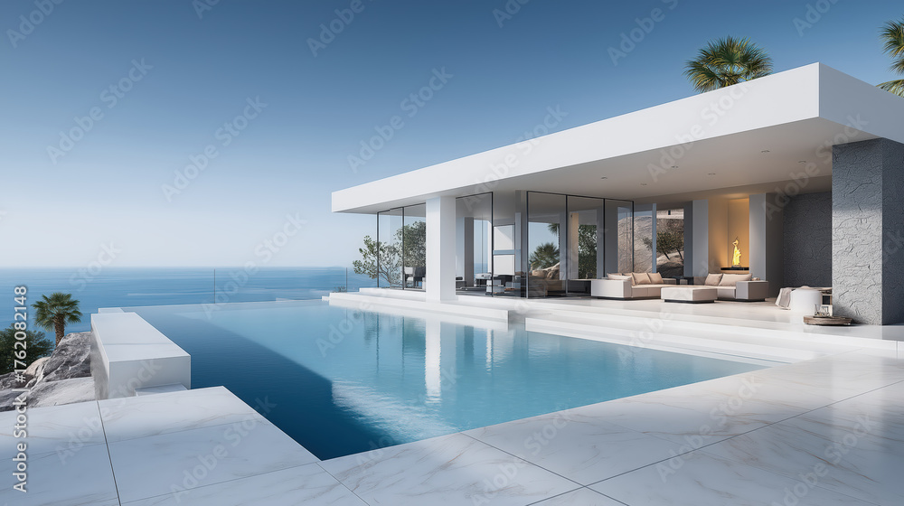 Fototapeta premium Luxurious modern villa with infinity pool overlooking the ocean, offering breathtaking sea views and serene coastal living