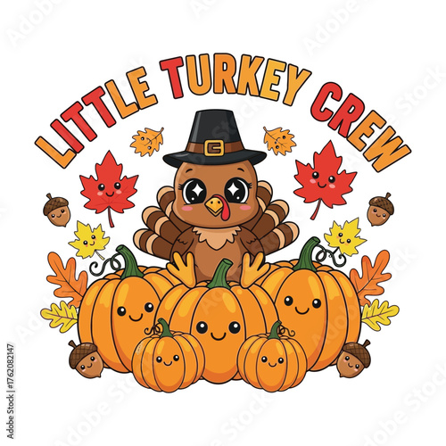 Little turkey Crew pumpkin with witch hat cartoon illustration