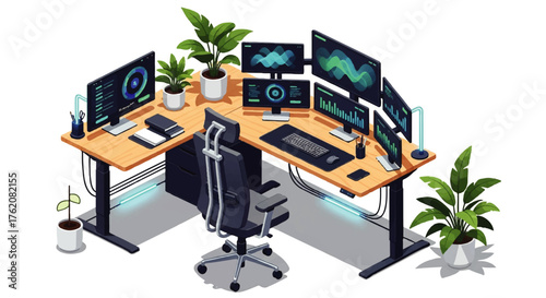 Productive home office setup with an L-shaped desk, multiple screens displaying digital data, an ergonomic chair, and green plants, creating a modern and efficient workspace