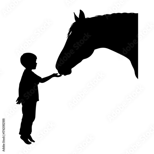 Boy feeding horse silhouette black silhouette child