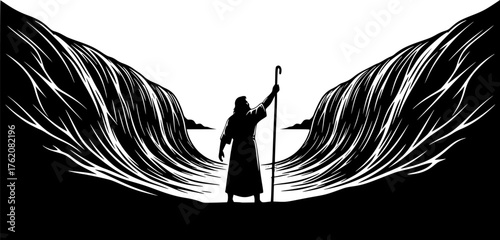 Black Vector Silhouette: Moses Parting the Red Sea A dramatic black vector silhouette depicting Moses standing on a shore with his staff raised, facing the sea,