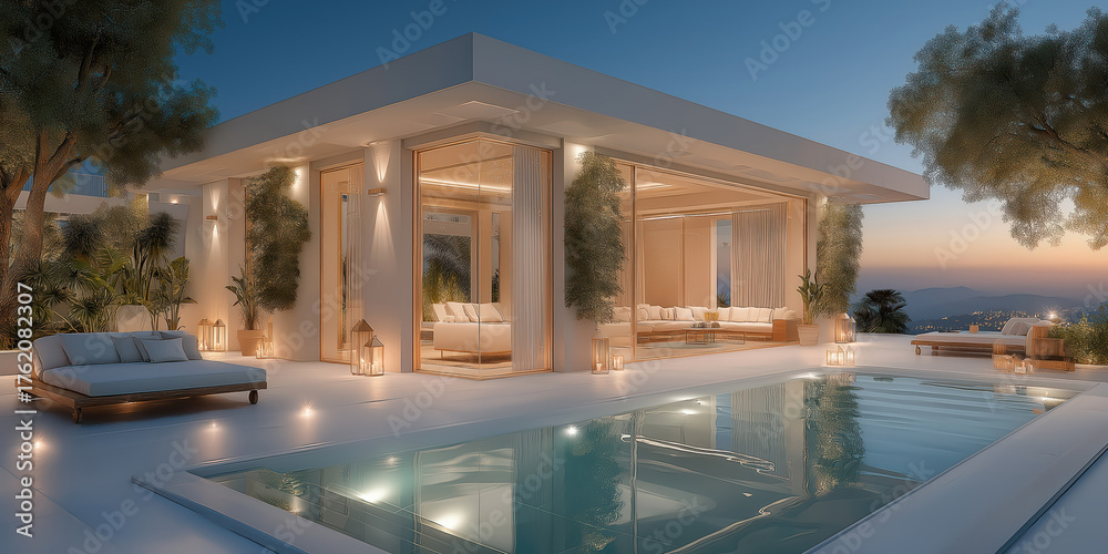 Fototapeta premium Luxurious modern home with a beautiful swimming pool and outdoor lounge area during a tranquil sunset evening