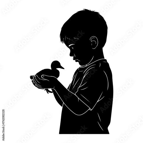 Boy holding duckling child baby bird