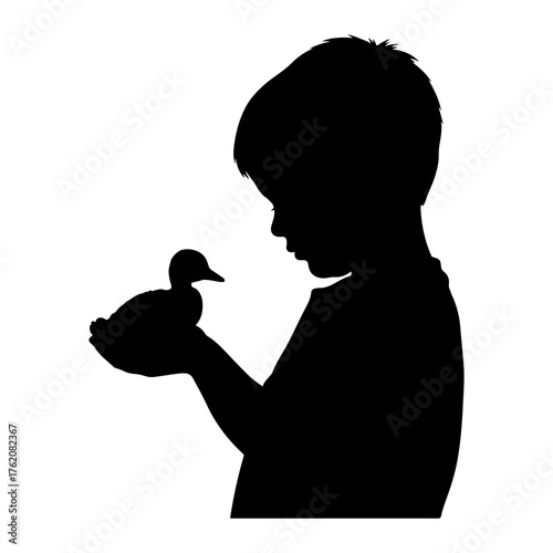 Boy holding duckling silhouette child