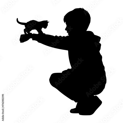 Boy holding kitten silhouette animal