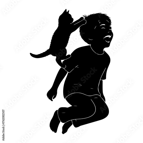 Boy jumping with playful cat kitten