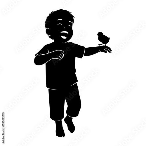 Boy with chick on hand bird silhouette