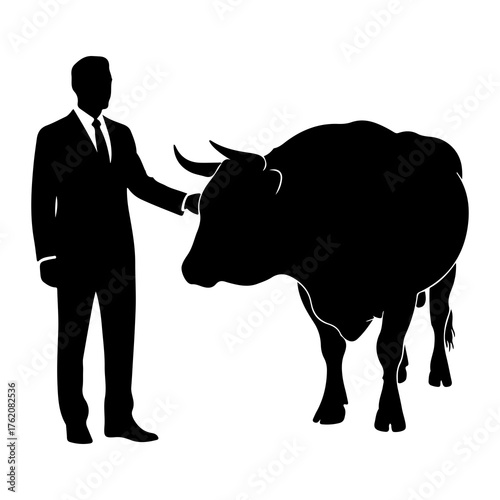 Businessman and bull silhouette black white