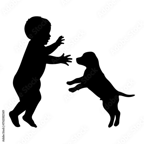 Child and puppy playing interaction silhouette