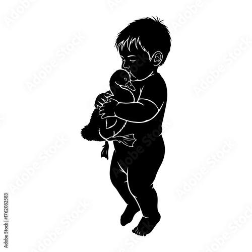 Child embracing duckling baby animal