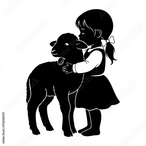 Child embracing black lamb girl animal