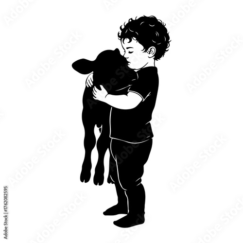 Child embracing calf embrace love