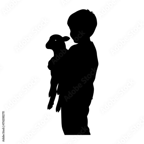 Child holding lamb silhouette carrying