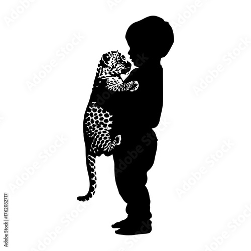 Child holding leopard cub silhouette animal