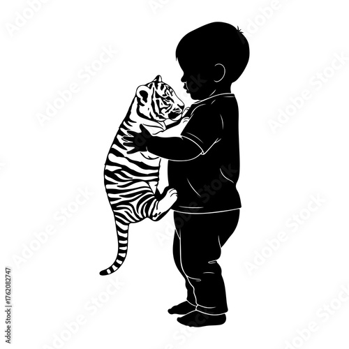 Child holding tiger cub animal baby animal