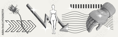 Universal Trendy Geometric Shapes Set With Vector Bitmap Dithering Texture.