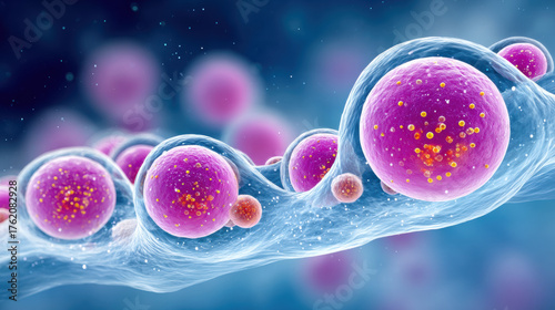 Cells of the Body, Fat adipose cells accumulating lipid droplets, illustrating cellular expansion in a biological context.