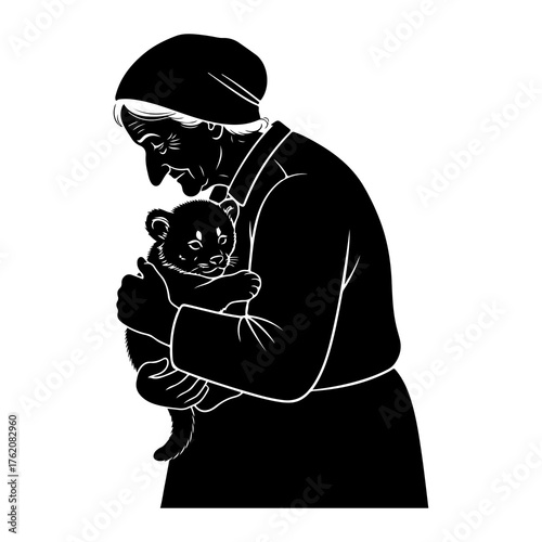 Elderly woman holding a cub animal black and white