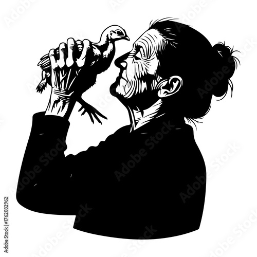 Elderly woman holding a chick bird interaction