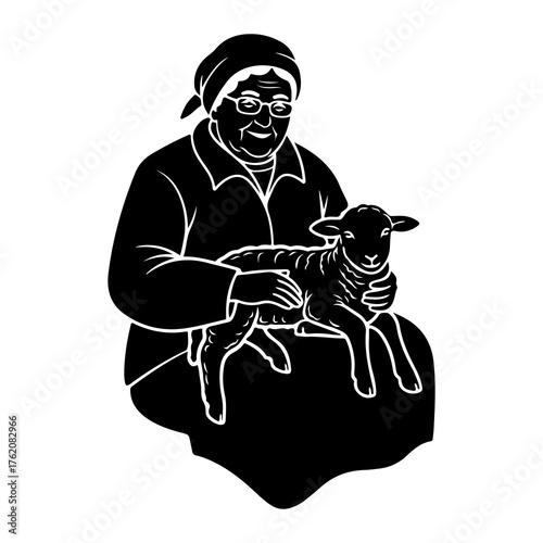 Elderly woman holding a lamb baby sheep black and white