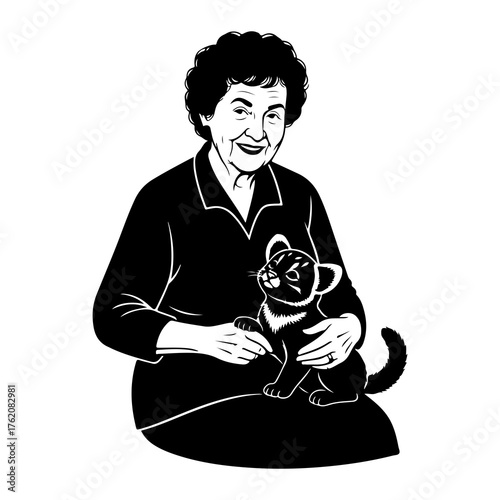 Elderly woman holding a lion cub black and white illustration