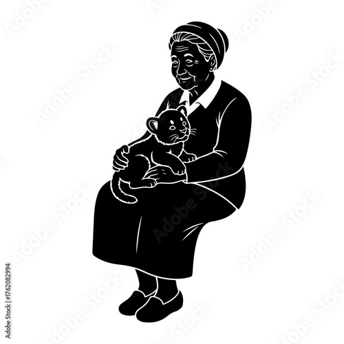 Elderly woman holding a lion cub sitting black and white