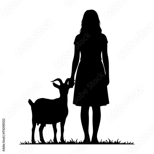 Girl and goat standing on grass animal silhouette