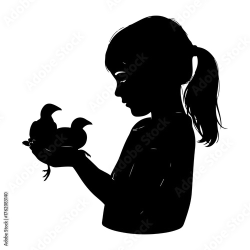 Girl holding baby birds silhouette chicks