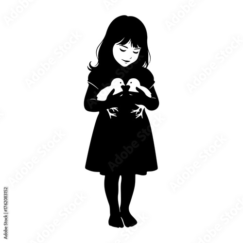 Girl holding two chicks child birds