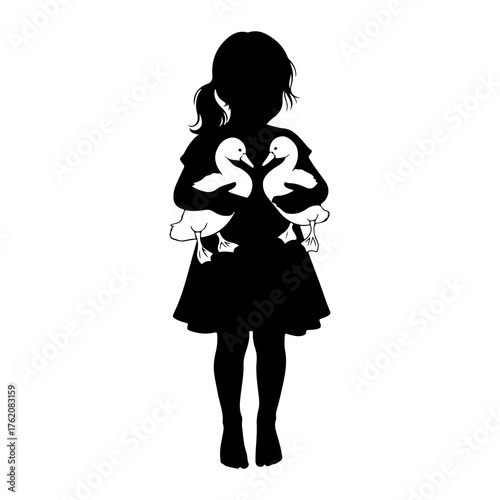 Girl holding two white ducks silhouette