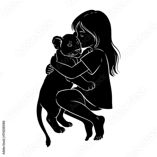 Girl hugging lion cub embrace affection