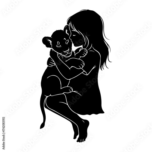 Girl hugging lion cub child embrace